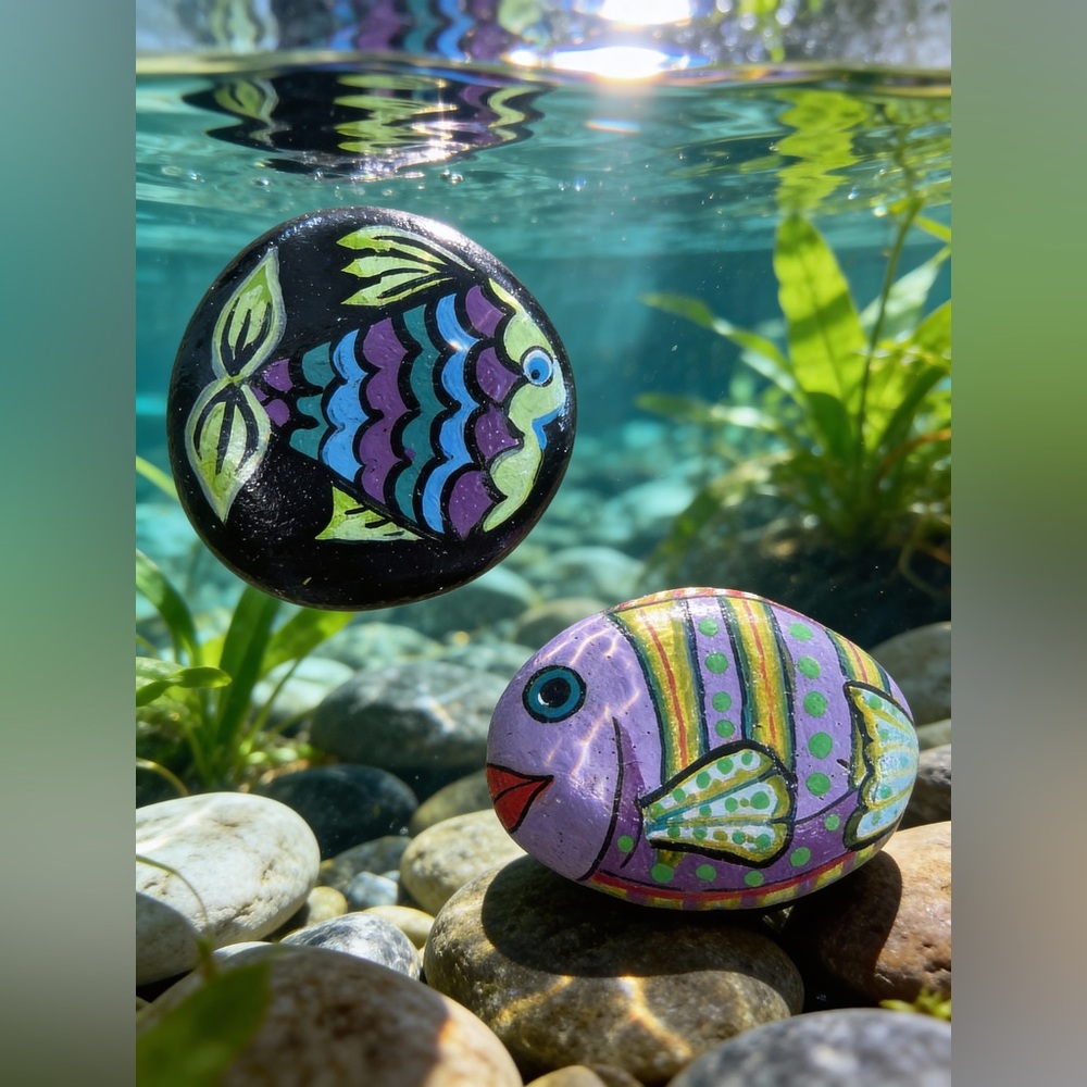 Hand crafted painted fish rocks set of 2 blue purple black yellow dots 2x2 inch
